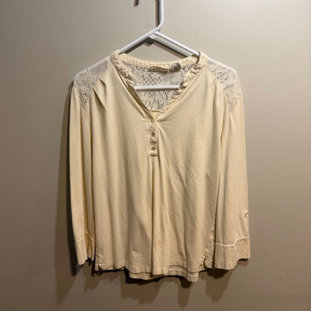 Allison Brittney Womens XL Cream Lace Crochet Shoulder Henley Long Sleeve Top